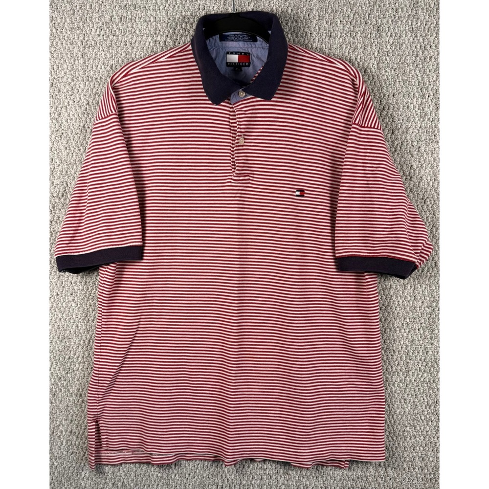 Tommy Hilfiger Polo Shirt Mens XL Red White Stripe Vintage 00s Y2K Preppy Cotton
